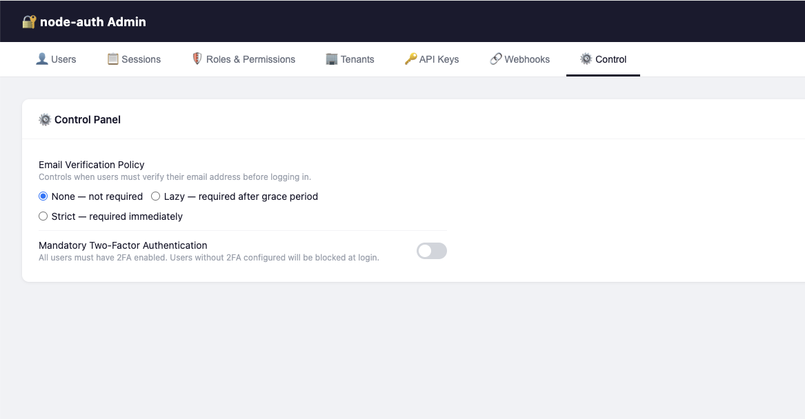 node-auth Admin Panel dashboard