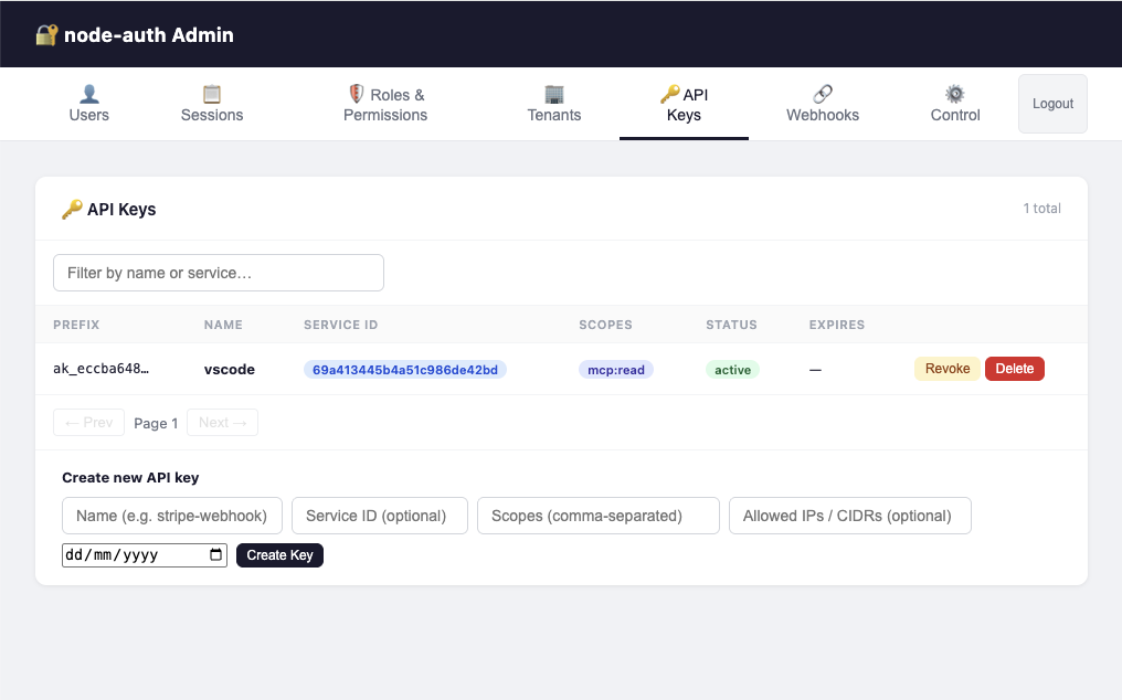 node-auth Admin Panel dashboard